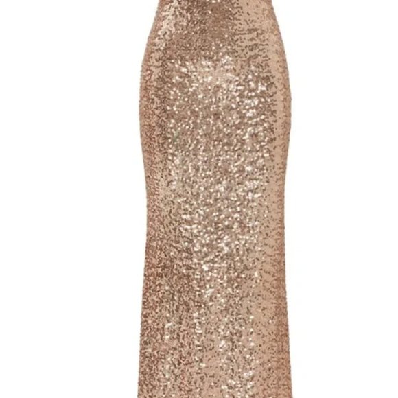 Badgley Mischka,Sequin Cowl Back Gown, rose gold, short sleeves, concealed zip. - Picture 3 of 15